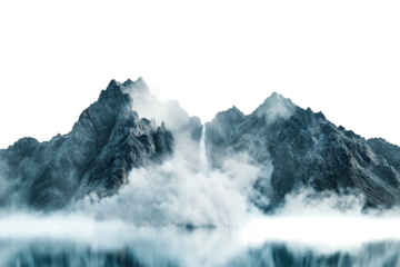 a mountain range with a lake in the fore cutout and isolated on transparent background 
