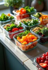 vibrant assortment healthy meal prep containers colorful nutrition fresh ingredients organized style, storage, organization, sustainable, fiber, protein