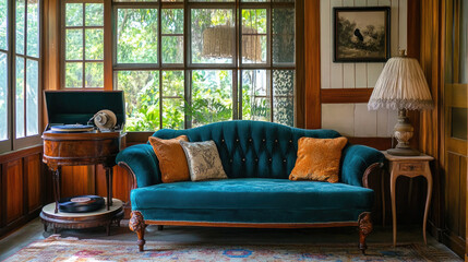 luxury living room With Blue Sofa