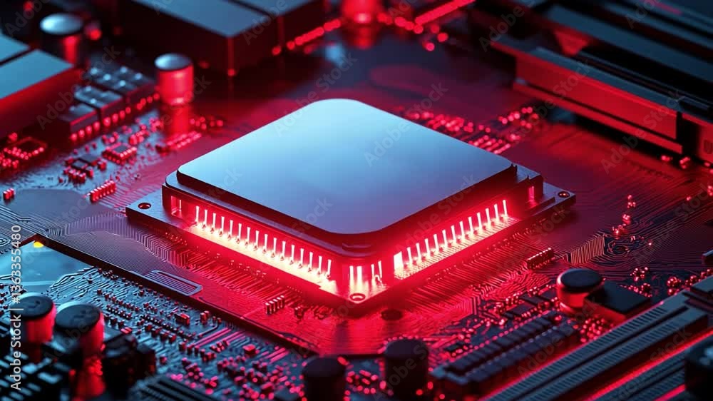 Poster technological heartbeat: a close-up shot of a central processing unit (cpu) glowing with a deep red 