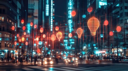 Fototapeta premium Night city street with glowing lightbulb balloons