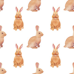Watercolor illustration of a rabbit. Seamless bunny pattern. Cute brown animals.