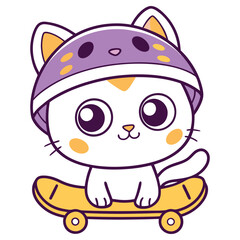 Cute White Kitten with Helmet Rides Skateboard Flat on Transparent Background