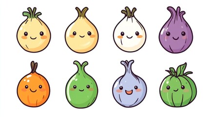 Cute cartoon onions and tomato, food illustration, white background, recipe website use
