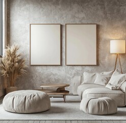 Modern living room with beige sofa, poufs, and two blank canvases.