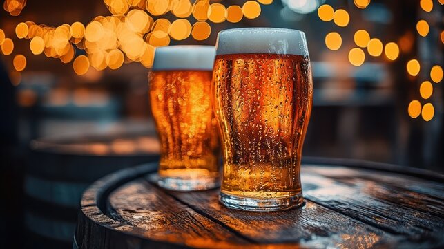 Two glasses of beer on a wooden barrel outdoors, illuminated by warm lights