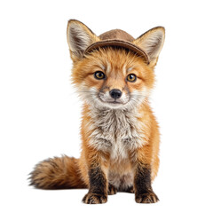 Fototapeta premium Adorable fox kit with vibrant orange fur wears a tiny adventurers hat exuding curiosity and alertness Perfect for animal lovers