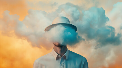 Man with his head in the clouds, wearing a vintage hat and shirt