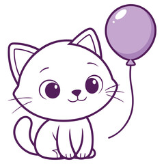 Cute Cartoon Cat Sitting with a Lilac Balloon on Transparent Background