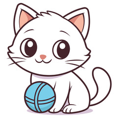 Adorable White Cat Cartoon Character Playing with Blue Ball on Transparent Background
