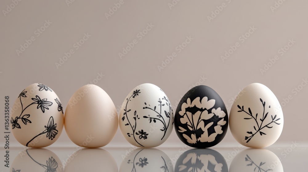 Poster decorative eggs with floral designs displayed on a smooth surface in a minimalistic setting during s