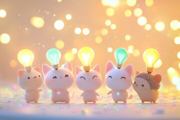Obraz premium Adorable cartoon cats and a hedgehog with lightbulbs, symbolizing bright ideas and teamwork.
