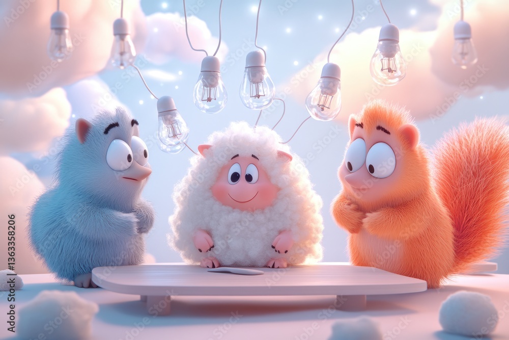 Poster three fluffy cartoon creatures, a sheep and two others, gather around a table under string lights in