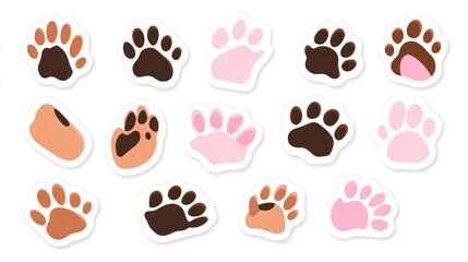 Fototapeta premium Collection of cute animal paw prints, various colors, white background, for kids' crafts