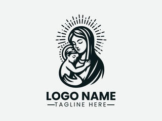 Mary Holding Baby Jesus Affection Vector Logo Design. Mother Mary Baby Jesus Logo