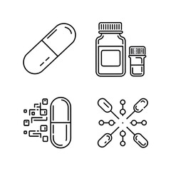 Illustration of various pharmaceutical elements including capsules, bottles, and molecular structures