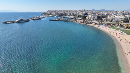 Aerial drone photo of beautiful round harbour and Marina of  Zea or Passalimani in the heart of Piraeus as seen from high altitude, Attica, Greece