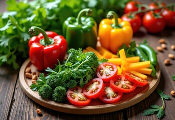 vibrant plant based meal spread colorful vegetables healthy cuisine bamboo platter fresh organic presentation, food, herb, bowl, salad, dish, vegetarian