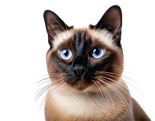 Stunning closeup of a Siamese cat with captivating blue eyes.  Its elegant posture and expressive gaze create a captivating image perfect for petrelated content, websites, or veterinary practices.