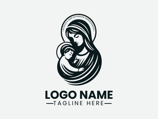 Mary Holding Baby Jesus Affection Vector Logo Design. Mother Mary Baby Jesus Logo