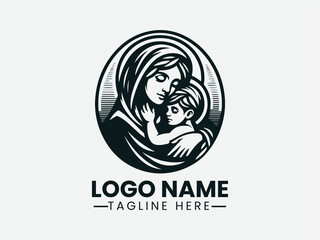 Mary Holding Baby Jesus Affection Vector Logo Design. Mother Mary Baby Jesus Logo