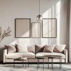 Modern living room with beige sofa, three frames, and coffee tables.