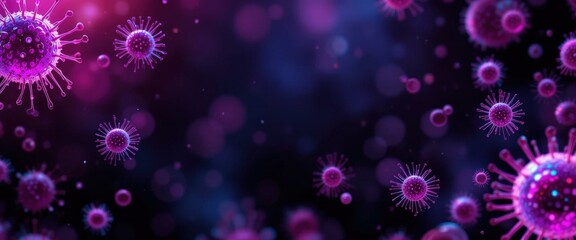 Abstract Digital Illustration Virus Particles Dark Purple Blue Background - Educational Concept Health, Wellness, Pandemic Awareness
