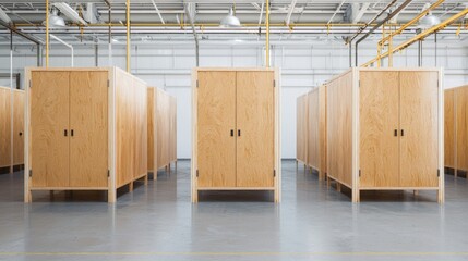 Furniture design showcase finishing booths in a factory chaos industrial setting aerial view