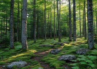 Obraz premium Forest Path Sunlight Mossy Ground