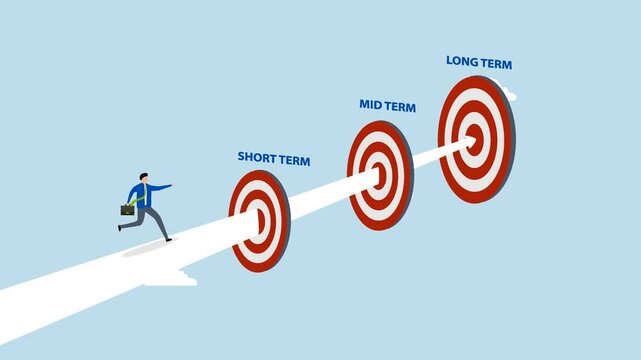 businessman running to short, 4k animation of medium and long term goal