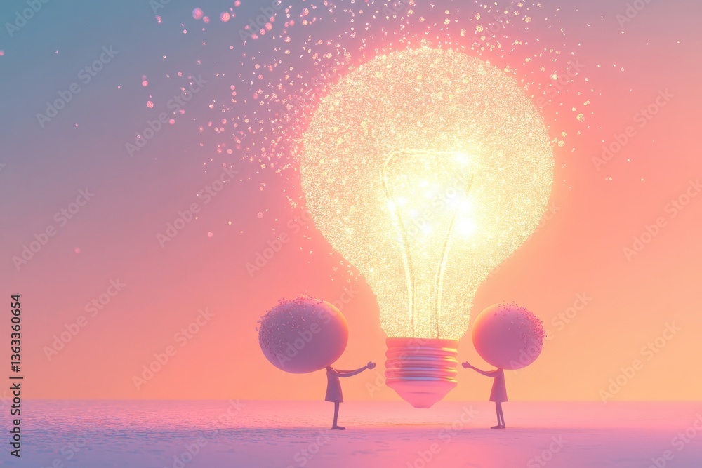 Poster two figures marvel at a giant lightbulb exploding with sparkling particles, symbolizing a brilliant 