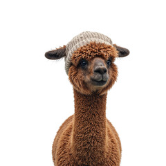 Fototapeta premium Adorable alpaca with brown wool in cozy winter hat against a white backdrop