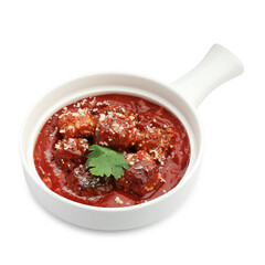 Delicious meatballs with tomato sauce, parmesan cheese and parsley isolated on white