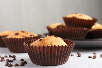 Delicious muffin with chocolate chips on light grey table, closeup