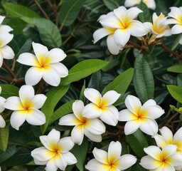 Naklejka premium Fresh white plumeria flowers with green leaves background, plumeria, flora, nature, fresh, white