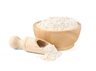 Brown rice flour in bowl and scoop isolated on white