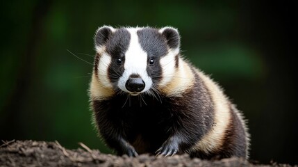 Close-Up Badger Portrait Nocturnal Mammal in Dark Forest