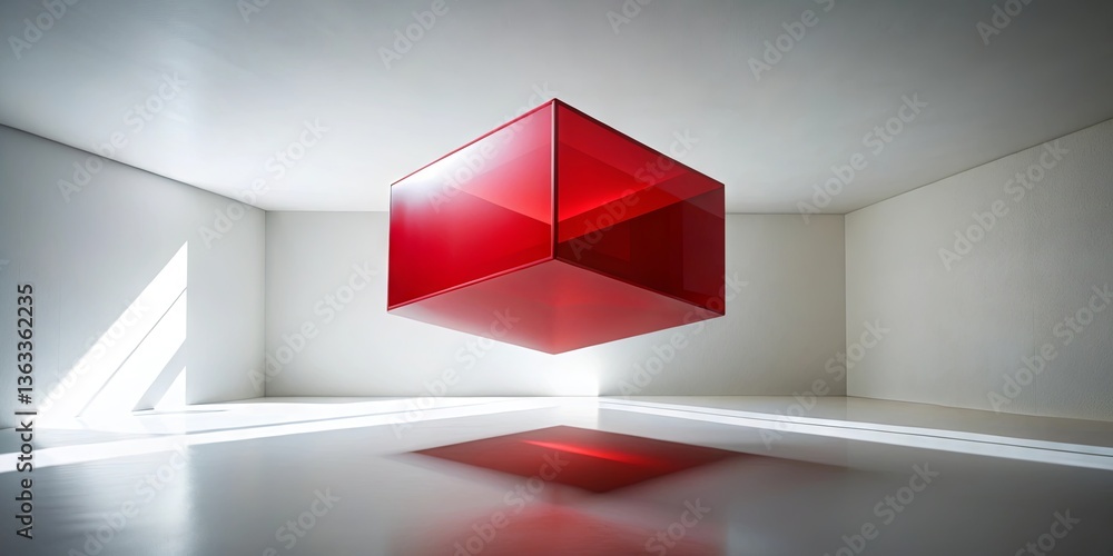 Poster a vibrant red cube levitates in a bright, minimalist room. sunlight streams in, enhancing the smooth