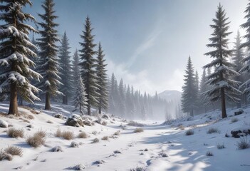 Fototapeta premium Frosty winter landscape with snowfall flakes and fir trees, frosty, fir