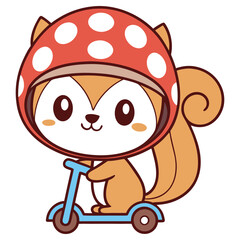 Kawaii Squirrel Cartoon Riding Scooter with Mushroom Helmet, Transparent Background