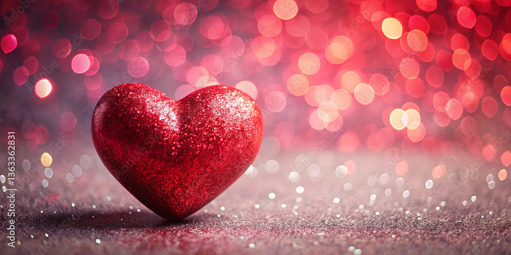Poster a shiny red heart crafted from glitter sits on a shimmering surface. the sparkling backdrop features