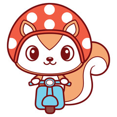Cartoon Cute Squirrel Riding Blue Scooter Wearing Red Helmet on White Background