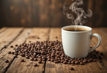 Modern Rustic White Coffee Cup Steam Wooden Table Surrounded Coffee Beans - Cozy Coffee Culture Comfort Concept Marketing Materials Cafes Coffee Brands