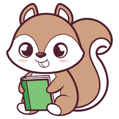 Cute Cartoon Squirrel Holding Green Book with Transparent Background