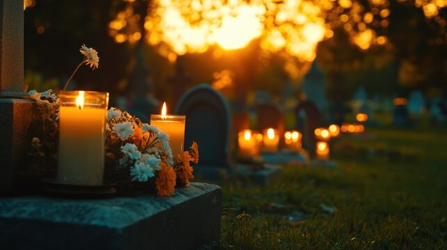 Day of Remembrance, row of candles flickering on graves in a cemetery, 