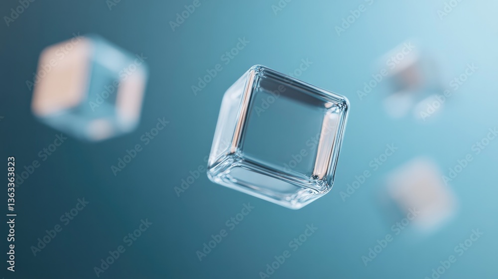 Poster digital surrealism piece where floating translucent cubes pulse with rhythmic light symbolizing and 