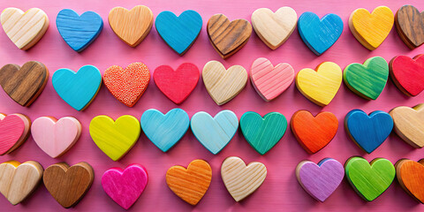 Obraz premium Various wooden hearts in different colors and designs are arranged neatly on a bright pink surface, highlighting artistic craftsmanship and playfulness in decoration