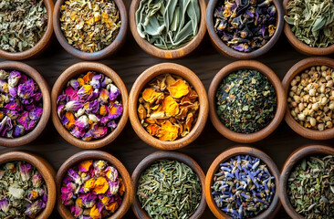 Top view of variety of colorful dried herbs, flowers in wooden bowls. Herbal medicine, natural health care concept. Alternative medicine. Ayurvedic, holistic approach. For wellness, aromatherapy,