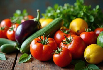 vibrant colorful fruits vegetables displayed textured surface rustic food series, pepper, carrot, potato, cucumber, eggplant, radish, kiwi, grape, orange