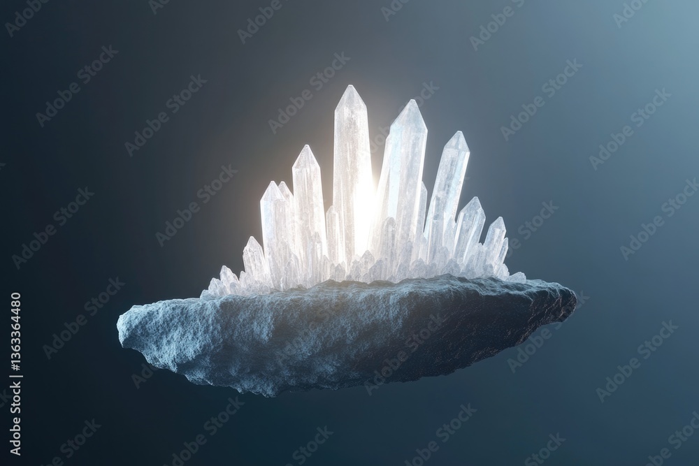 Poster futuristic artistic rendering of crystal formations growing from floating rock illuminated by ethere
